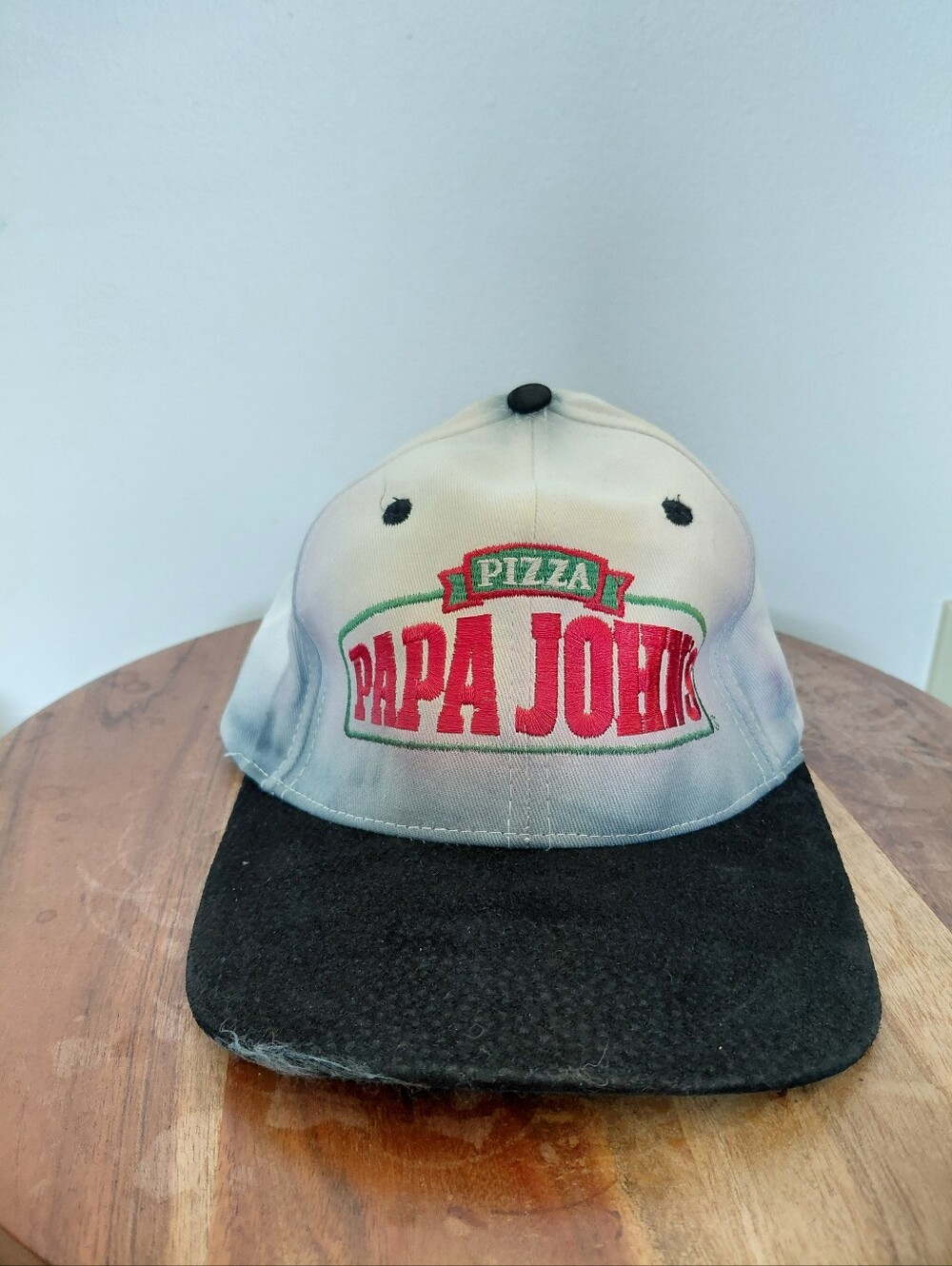 VINTAGE 1995 Papa Johns Pizza White 90's Hat OS (Dye Stains)